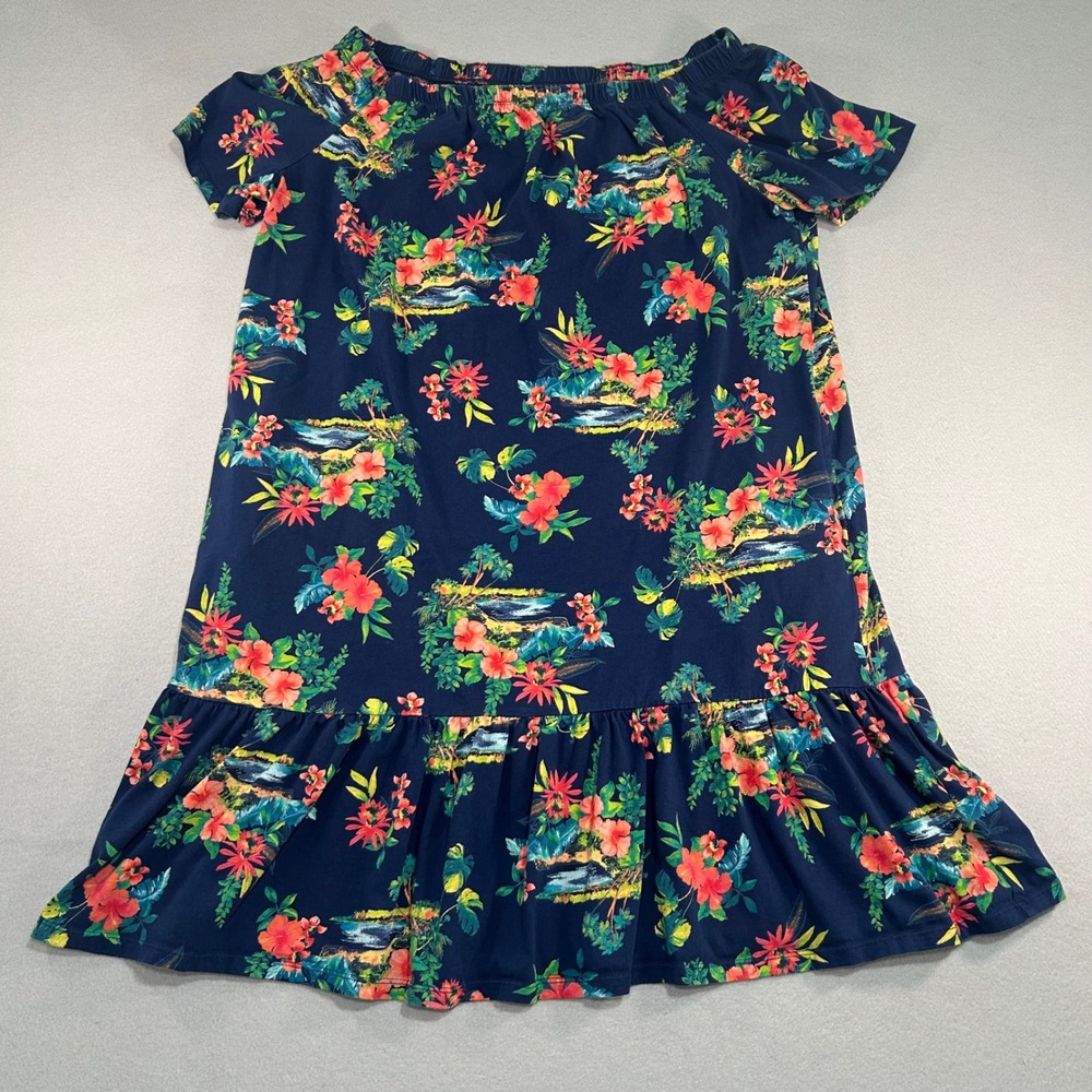 Lands End Dress Womens L 14-16 Blue Tropical Floral Off Shoulder Swim Coverup